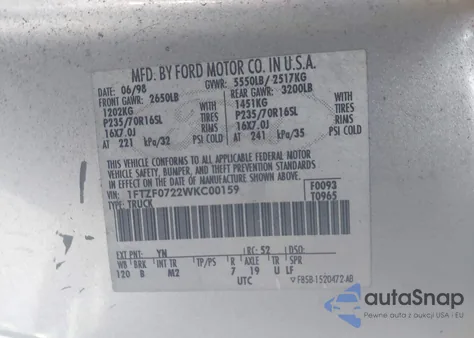 1998 Ford F-150 Xl/Xlt z USA, uszkodzony, nr VIN 1FTZF0722WKC00159